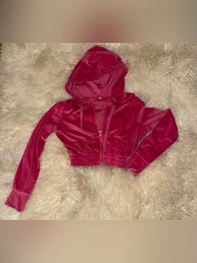 Y2K Cropped Hooded Velvet Zip-Up Jacket - Deep Berry